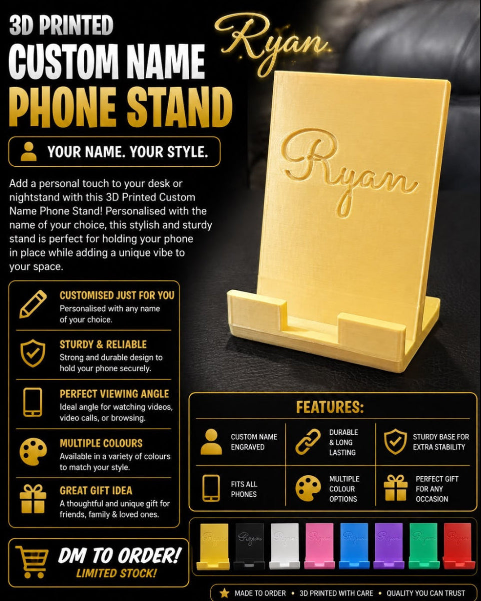 A promotional graphic for a 3D printed custom name phone stand. The main product shown is a gold-colored phone stand with the name 'Ryan' printed on it in gold script.