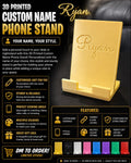 A promotional graphic for a 3D printed custom name phone stand. The main product shown is a gold-colored phone stand with the name 'Ryan' printed on it in gold script.